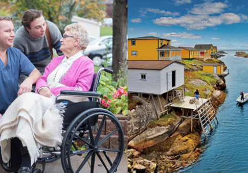 Healthcare workers and coastal village scene